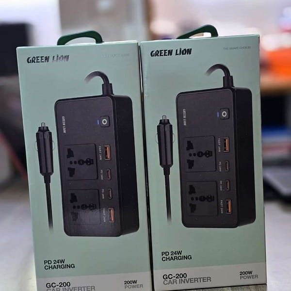 Green lion GC-200 car inverter ✅️200 watts output✅️dual sockets ✅️ 24 watt USB✅️ 20wat PD type c available in Tanzania through Sambazah